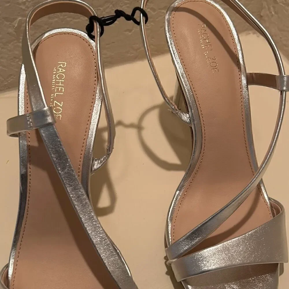 Rachel Zoe 10 Nina Crossover Strap Heeled Sandal Metallic Silver Formal Glam New